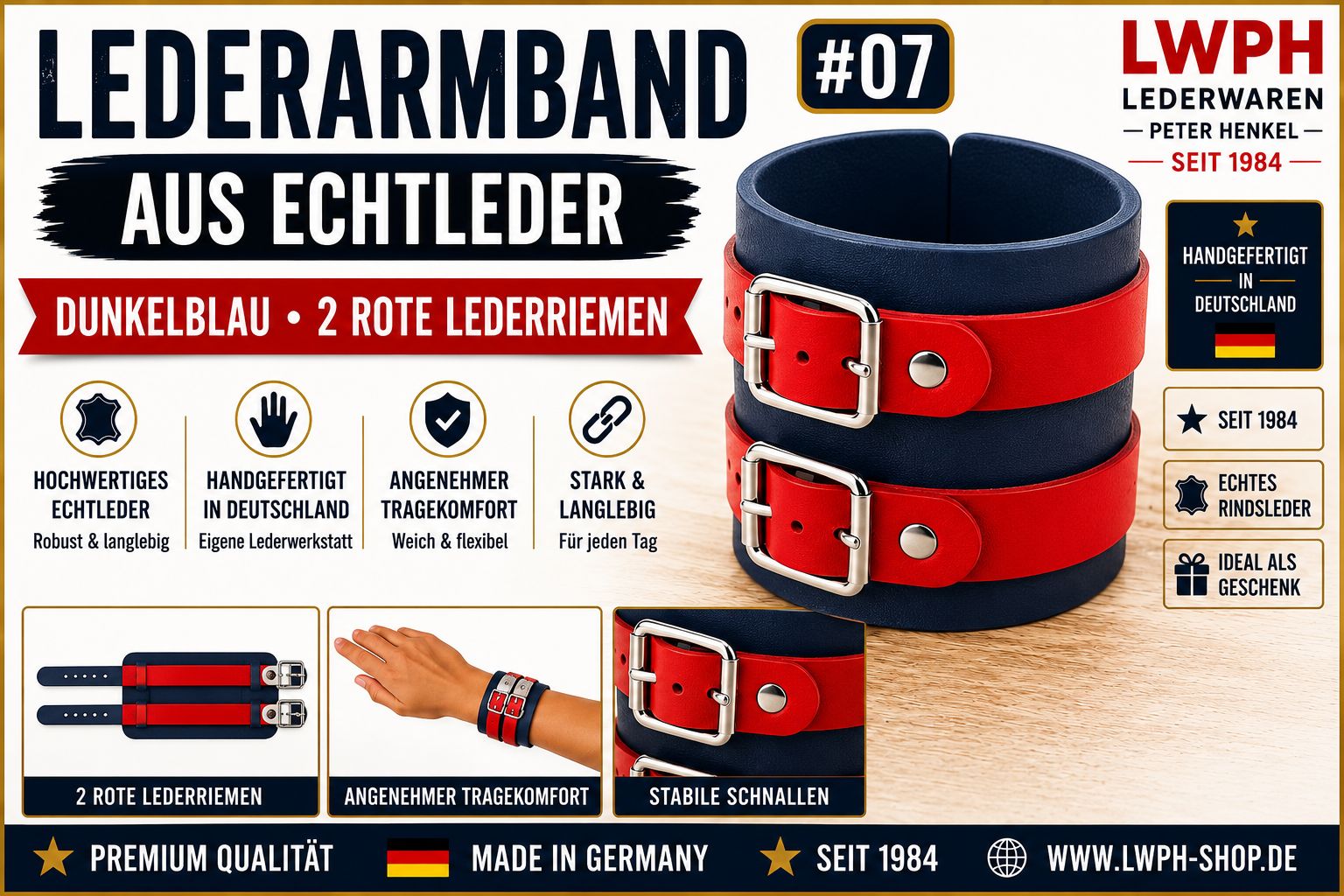 Produktvideo zum dunkelblauen LWPH Echtleder-Armband mit zwei roten Lederriemen